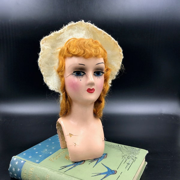 VTG to Antique DISTRESSED Composition Boudoir Doll Head (Head Only), French STYLE Boudoir Doll Head, 9" High Including Hat