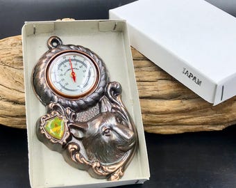 Vintage NOS Copper-Tone Metal Wall Thermometer Tennessee Volunteer State Black Bear, Made in Japan