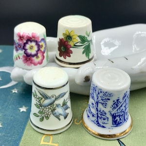 Set of 4 VTG Porcelain Thimbles, Royal Worcester Doves Thimble, Floral Porcelain Thimbles, Winter Landscape Porcelain Thimble