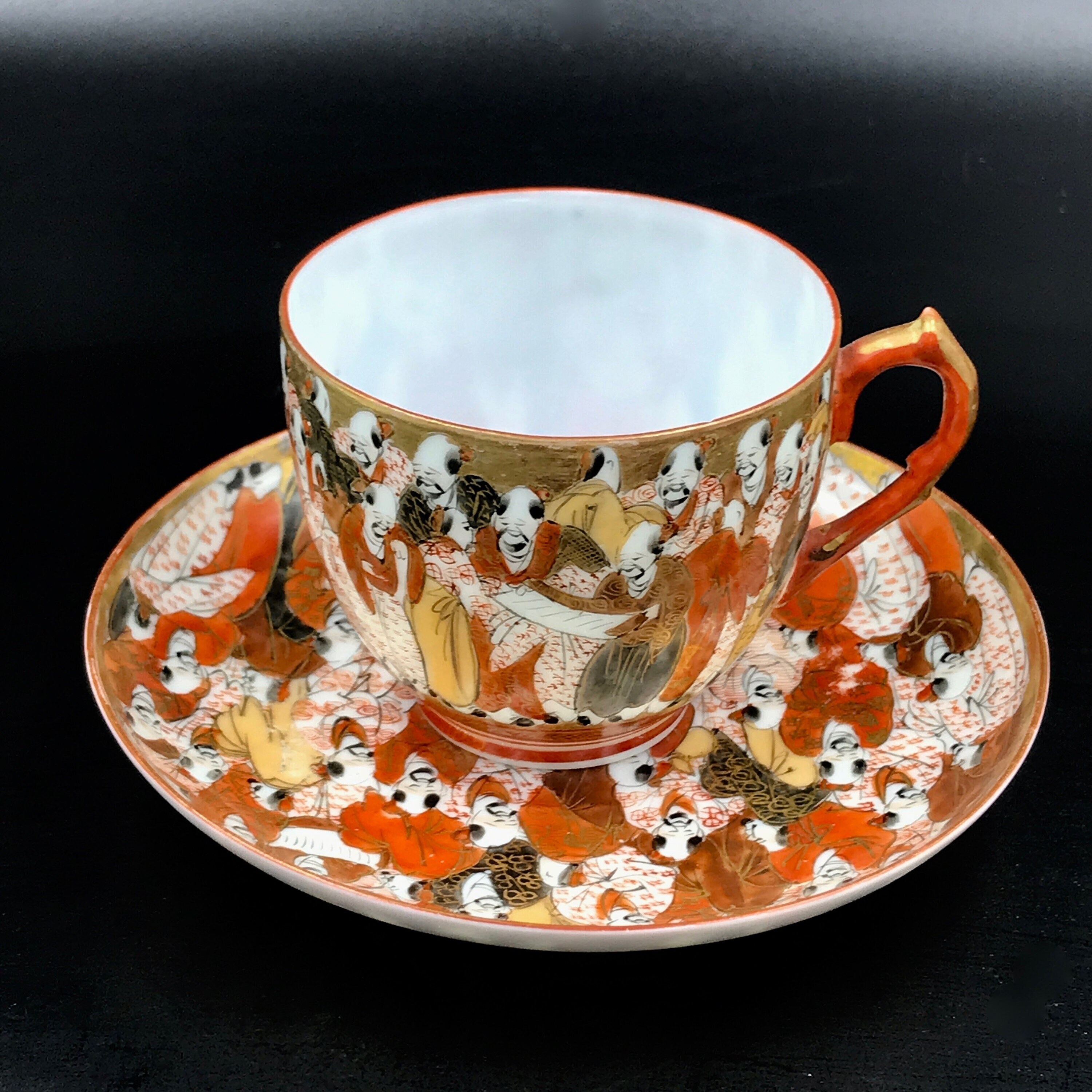 Antique Japanese Thousand 1000 Faces Kutani Egg Shell Porcelain Tea Cup  Saucer Hand Scripted Red Marks, Kutani Scholar's Tea Cup