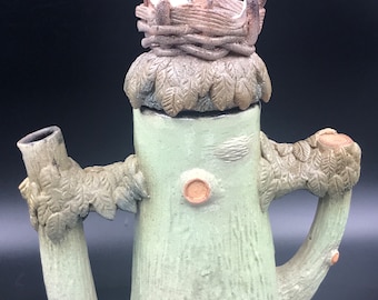 Handmade Pottery Tree Trunk Teapot with Stork Nest Lid