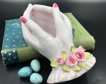 1950s Lefton Porcelain Hands Dish: Vintage Floral Trinket Holder