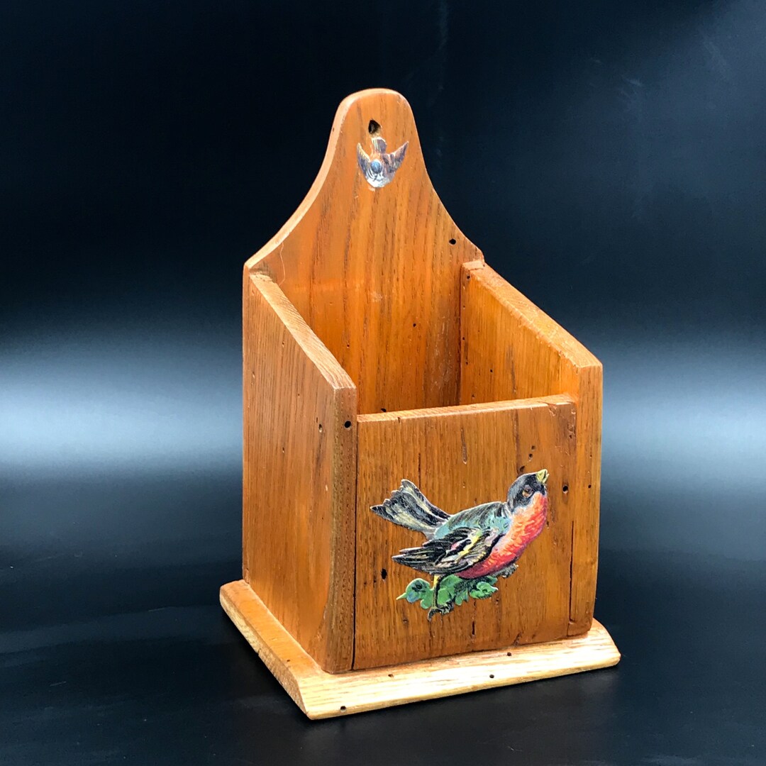 Vtg Wooden Wall Hanging Box With Bird Pencil Holder Vintage Etsy