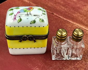 VTG Limoges France Peint Main Porcelain Box with 2 Perfume Bottles, Limoges Porcelain Perfume Chest with Bird on Lid
