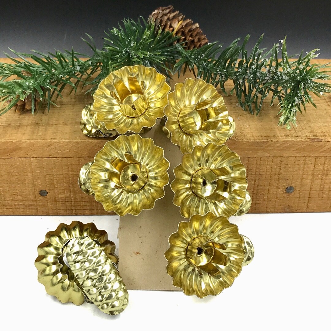 6 VTG Gold Metal Christmas Tree Candle Clips, Pine Cone Christmas Tree