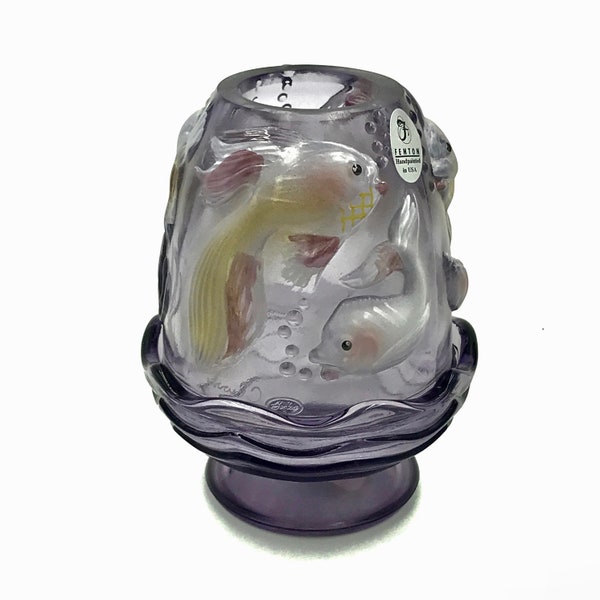 VTG Fenton Art Glass Atlantis Koi Fish Amethyst Purple Fairy Lamp 5204 AY Signed with Original Fenton & Sales Sticker, Fenton Fairy Lamp