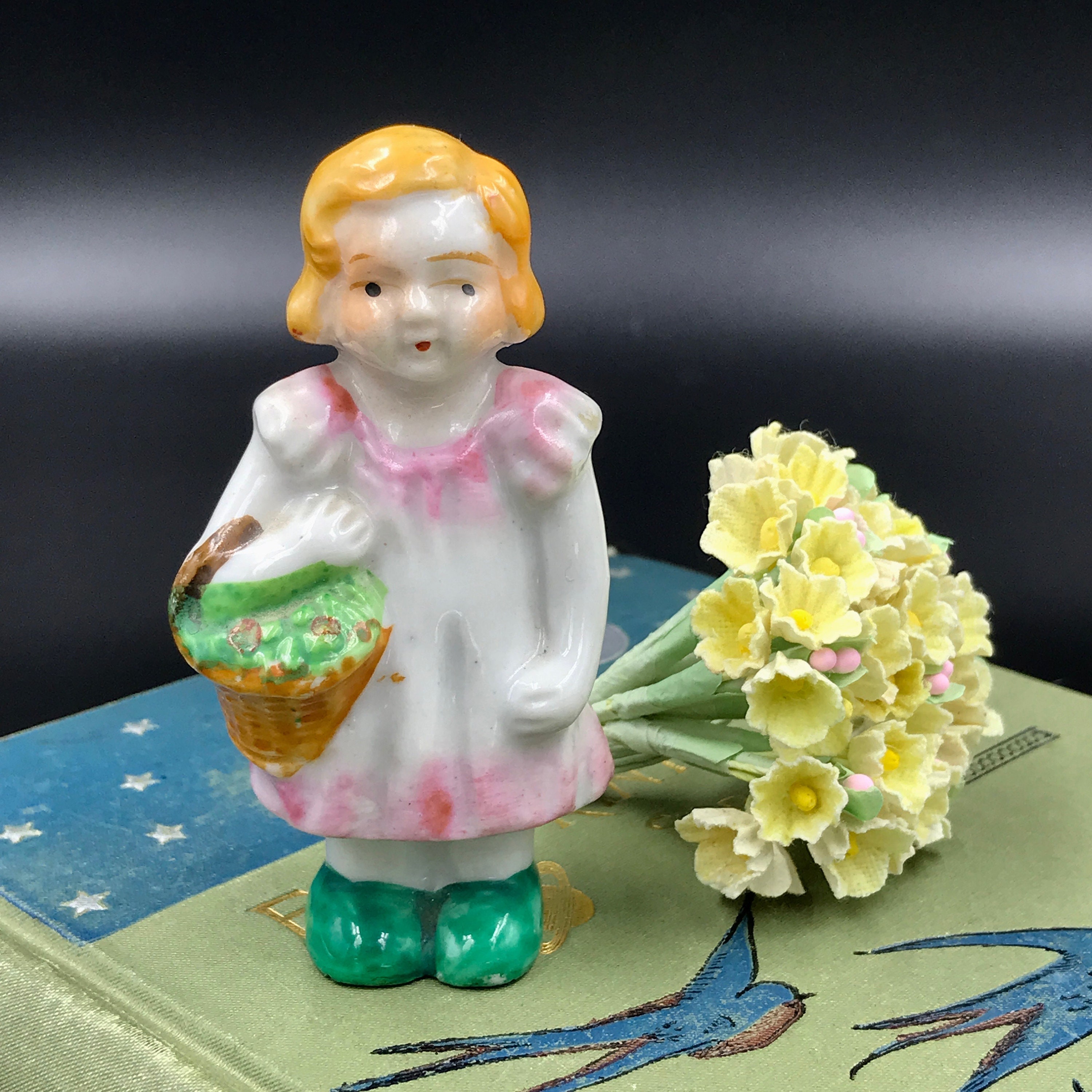 VTG Japan Glazed Bisque Penny Doll Little Girl Holding Basket, Penny Doll Little Girl, Ceramic Little Girl Figurine, 3" High