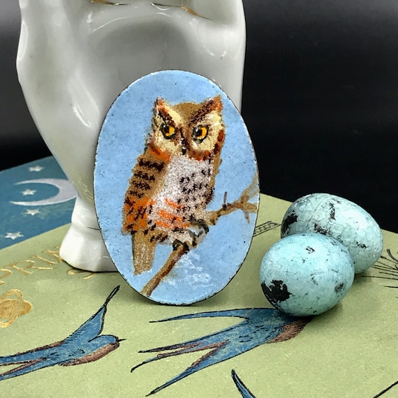 VTG Enamel on Copper OWL Pendant Brooch  Signed "… - image 1