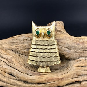 NICE 1960s VTG AVON Owl Brooch with Hidden Solid Perfume Compartment, Solid Glacé Perfume Brooch, Gold Owl Brooch with Rhinestone Eyes
