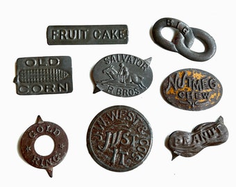 Antique Tin Tobacco Tags - Old Corn, Fruit Cake, Peanut, Salvator R Bros, Nutmeg Chew, Just It, Gold Ring, BIG, Priced Individually