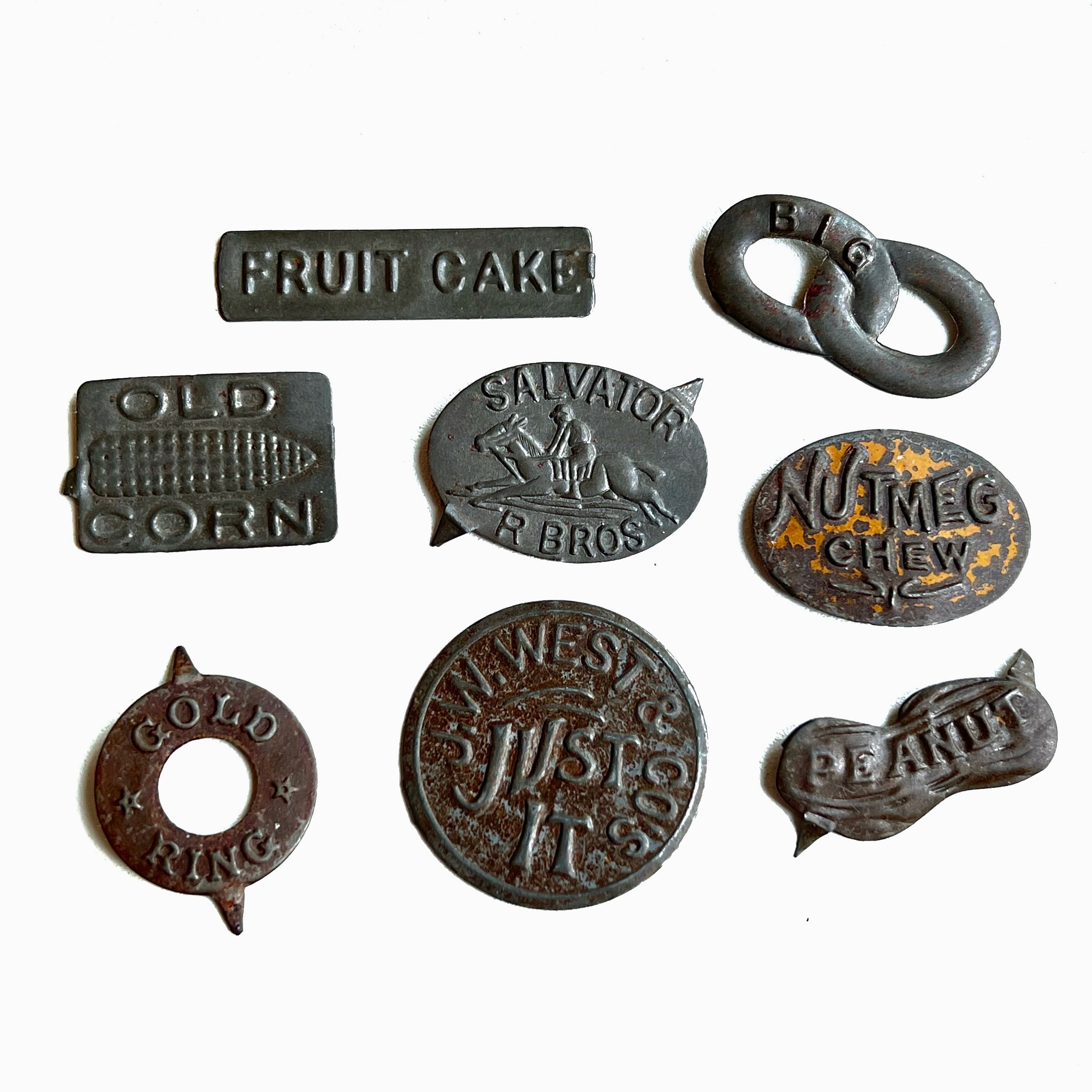 Antique Tin Tobacco Tags: Salvator Bros, Nutmeg Chew, Old Corn