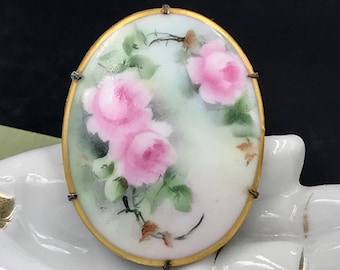 Antique Edwardian Hand Painted Porcelain Brooch: Floral Roses, Gold Edge