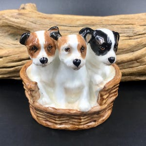 VTG Royal Doulton Terrier Puppies in a Basket HN 2588, Fine English Bone China Jack Russell Terriers Figurine, Royal Doulton Dog Figurine