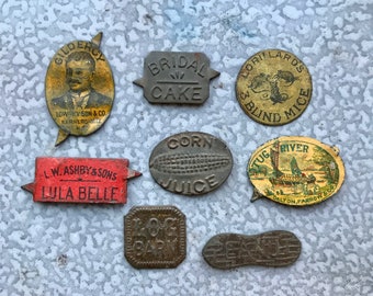 Antique Tin Tobacco Tags SOLD INDIVIDUALLY, Tug Boat/Gilderoy/Log Barn/Corn Juice/Lula Belle/Peanut/Bridal Cake/3 Blind Mice