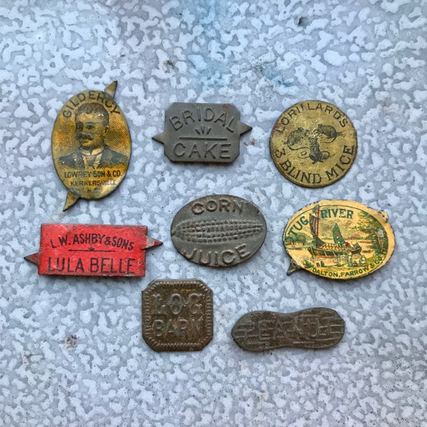 Antique Tin Tobacco Tags SOLD INDIVIDUALLY, Tug Boat/Gilderoy/Log Barn/Corn Juice/Lula Belle/Peanut/Bridal Cake/3 Blind Mice