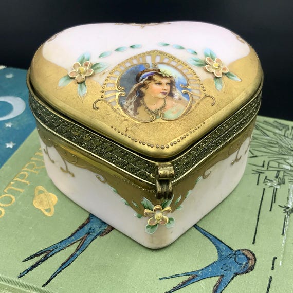 Vintage Hand-Painted Porcelain Heart Trinket Box with Brass Trim