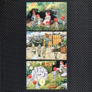 NICE Set of 3 ELSA BESKOW (Sweden) Children of the Forest at Home Postcards, Unused Swedish Tomte Postcards w/ Mushroom Fairies Gnomes