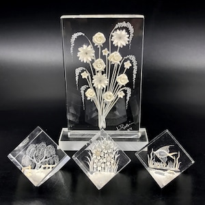 Vintage Lucite Floral Sculpture Paperweight Set: Signed J. Robin, 1984