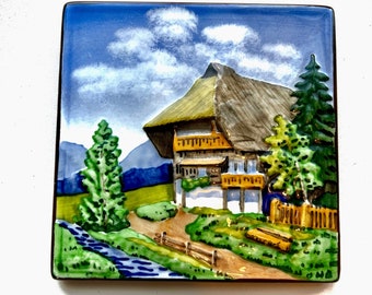 VTG German Majolica Decorative Tile/Trivet with Mountain Chalet, German Ceramic Tile, German Majolica Trivet Tile, 5.25" x 5.25"