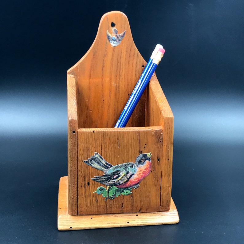 Vtg Wooden Wall Hanging Box With Bird Pencil Holder Vintage Etsy