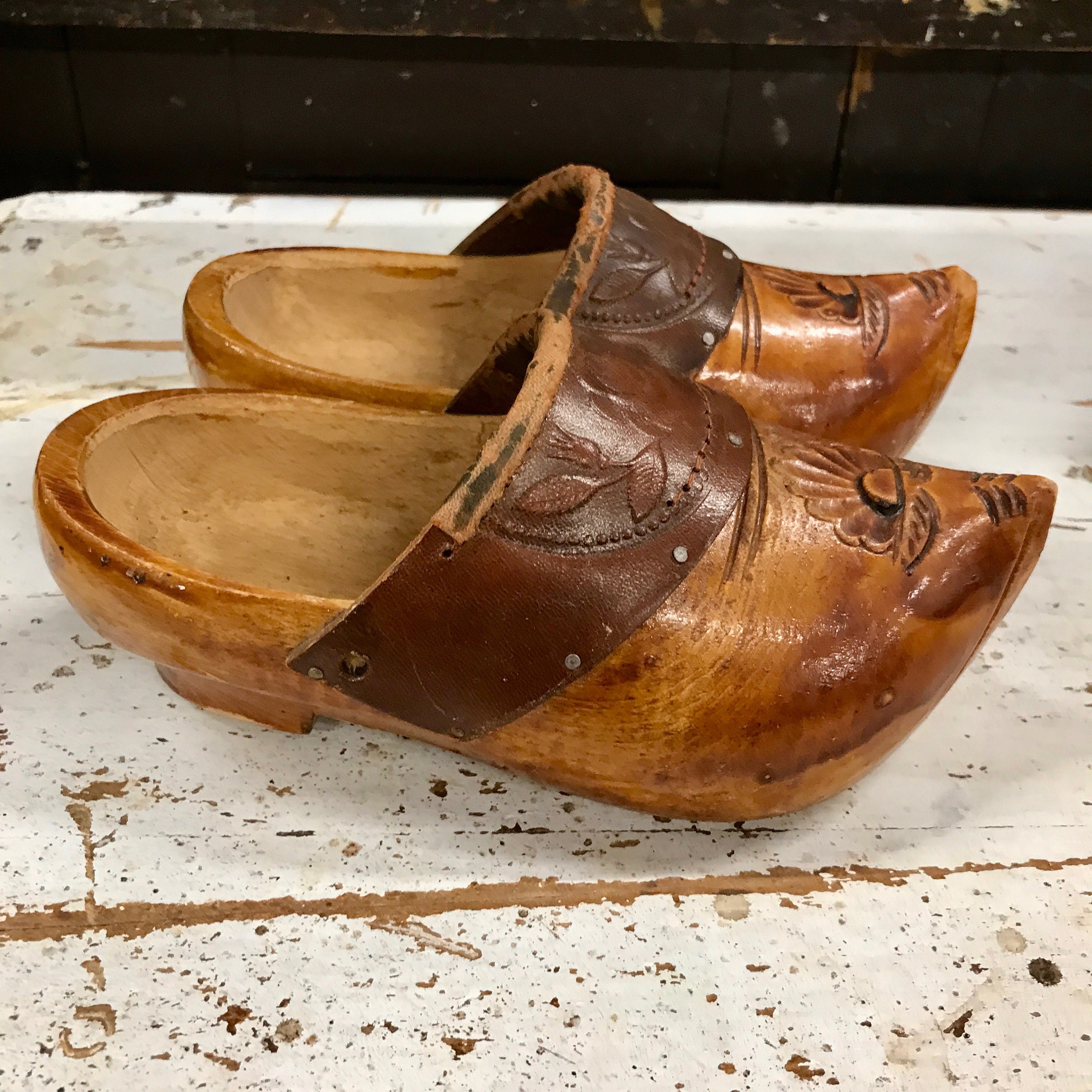 Vintage Wood Shoes - Dutch Wooden Clogs - Wood Plant Display - Wooden ...