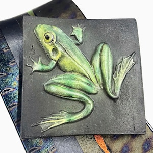 May include: A square-shaped belt buckle featuring a raised, three-dimensional green frog with yellow highlights centered on a matte black background. The frog is depicted in a leaping position with detailed webbed feet and a prominent eye.