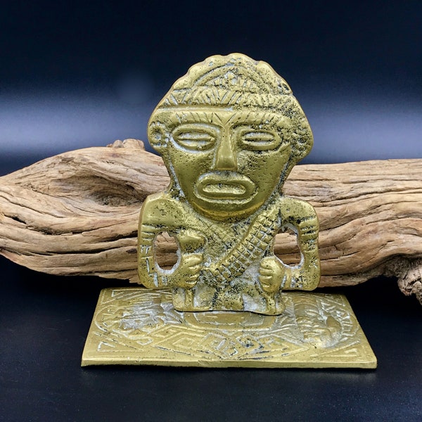 VTG Pre-Colombian Tribal Diety Brass Figurine or Bookend, Pre-Colombian Museum Reproduction, Inca/Aztec Diety Warrior Figurine/Paperweight