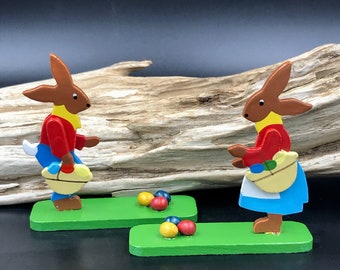 VTG German (Marked GDR) Erzgebirge Style Wood Easter Bunny Figurines, Pair of German Wood Easter Bunny Rabbit Ornaments, German Easter Bunny