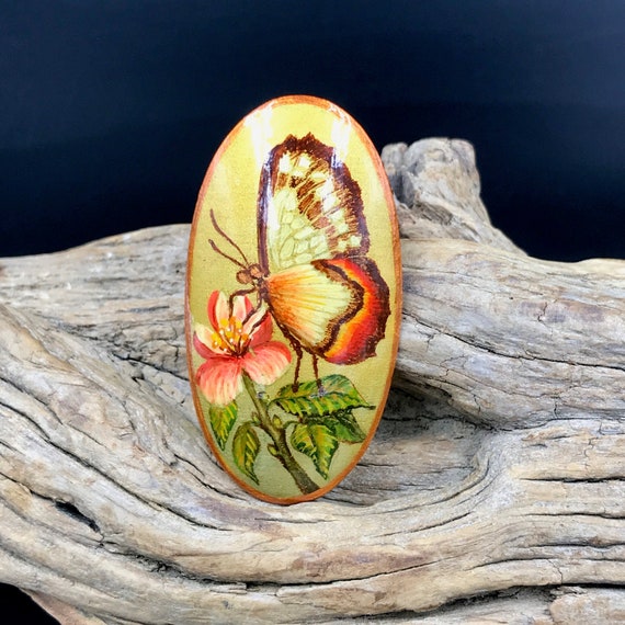 VTG Hand-Painted Lacquer Butterfly Brooch, Hand-Pa