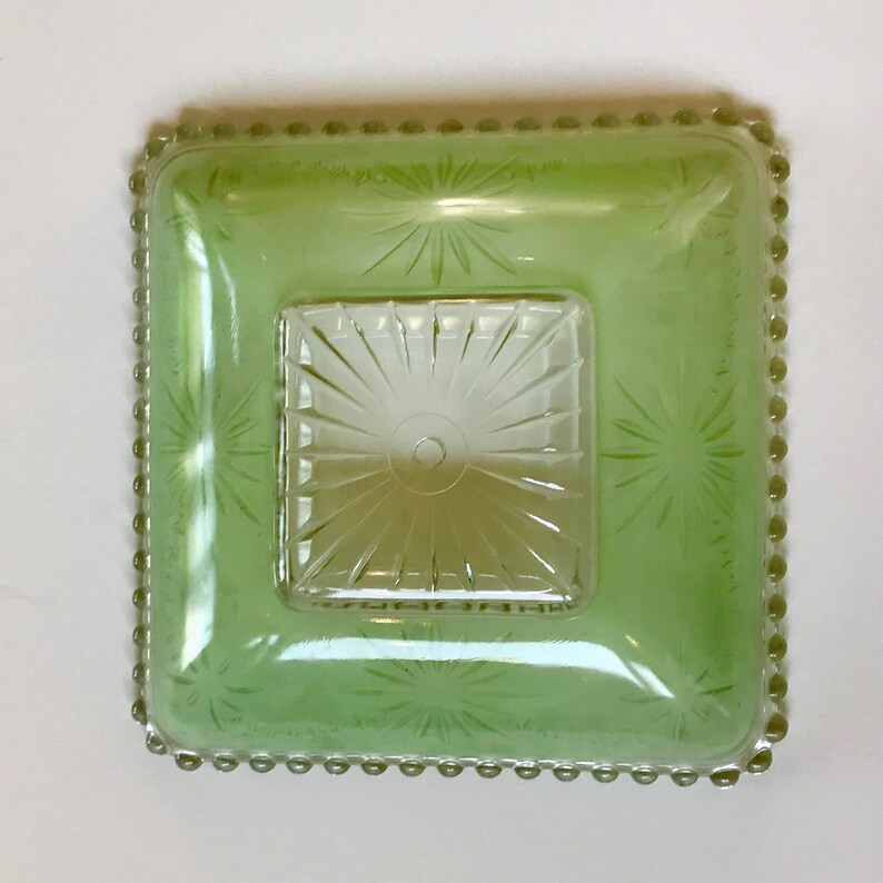 Vtg Mint Green Frosted And Clear Glass Square One Hole Ceiling Light Cover With Beaded Hobnail Border And Etched Starburst Pattern Heavy