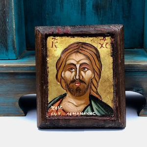 Vintage Hand Painted Jesus Christ Icon: Greek Orthodox Tempera on Wood