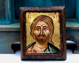 Vintage Hand Painted Jesus Christ Icon: Greek Orthodox Tempera on Wood