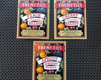 VTG 1950s FREMY FILS Cherry, Peach & Apricot Flavored Brandy/Liqueur Alcohol Labels, Set of 3, Hamburger Co. Chicago, Brandy Liqueur Labels