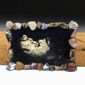 VTG Folk Art Framed Black & White Photo/Postcard of Mount Rushmore National Memorial Black Hills, SD at Night in Polished Gemstone Frame