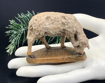 VTG Hand Carved Wood ANRI Bernardi STYLE Nativity Sheep Grazing, Vintage Hand Carved Wood Nativity Sheep, 2" H x 2.75" W