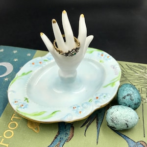 VTG Signed Light Blue Floral Hand-Painted Porcelain Ring Dish, Figural Hand Ring Dish, Tabletop Hand Fingers Ring Dish