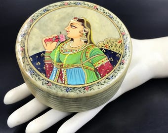 Vintage Hand-Painted Marble Trinket Box: India Rajasthani Woman Portrait