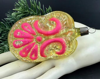 1970s Soviet Era USSR Glass Christmas Tree Ornament Painted & Clear Side with Neon Pink Detail, 4" L