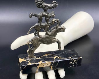 Vintage Bremen Town Musicians Statue, Marble Mount, Fairy Tale Brothers Grimm Folk Art