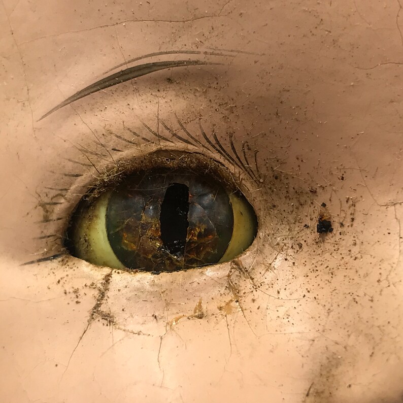 May include: Close-up of a vintage doll's eye with a cracked and faded iris. The eye is surrounded by a layer of dust and dirt, giving it a worn and aged appearance.