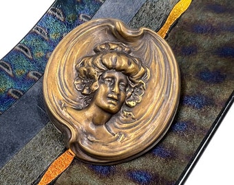 Art Nouveau Style Woman&#39;s Head Brooch: Alphonse Mucha Inspired