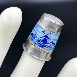 Vintage Delft Blue Sterling Silver Thimble: Windmill & Floral Design