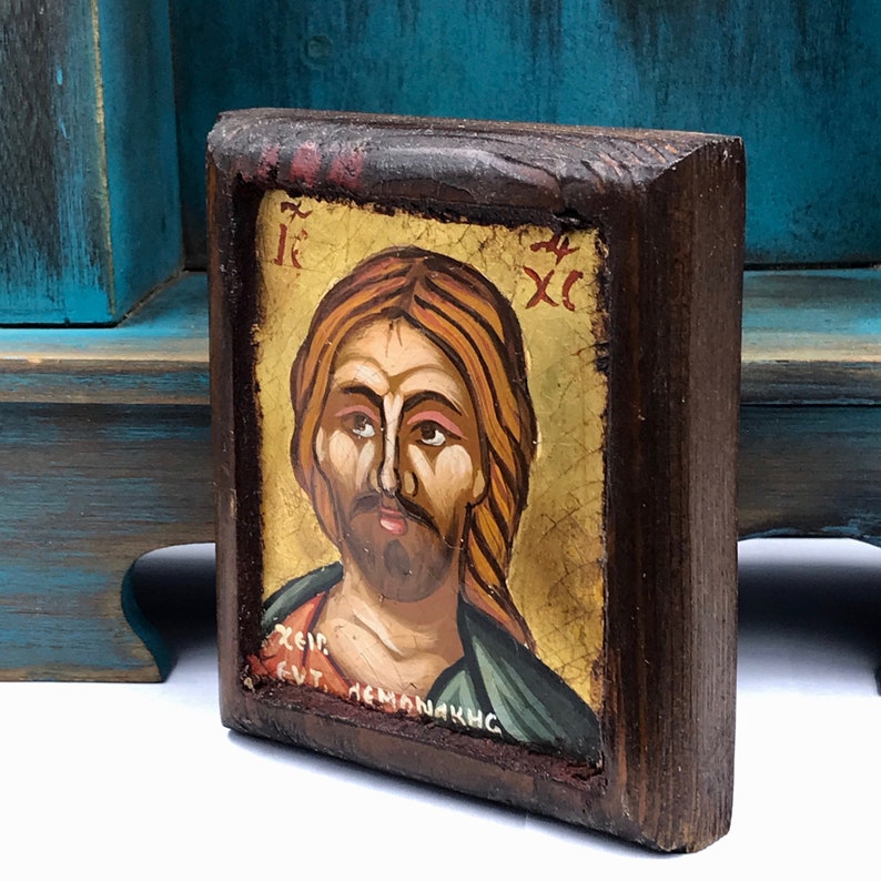 Vintage Hand Painted Jesus Christ Icon: Greek Orthodox Tempera on Wood ...