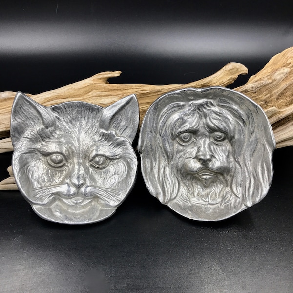 VTG Pewter Like Cat & Dog Face/Head Trinket Dish/Coin Dish/Ring Dish, Cat Face/Head Ring Dish, Dog Face/Ring Dish, Shih Tzu Trinket Dish