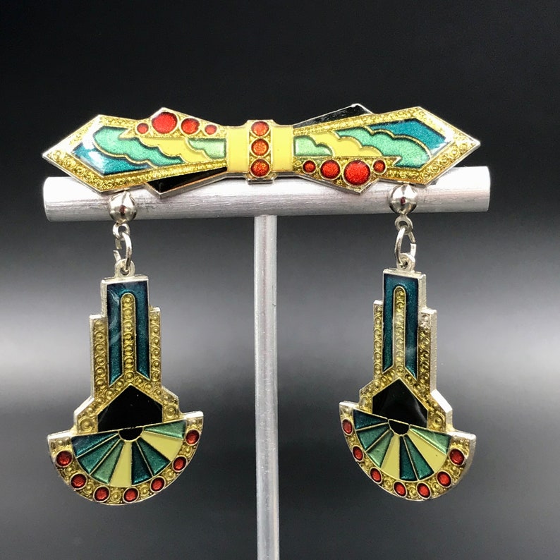 Vtg ART DECO Style Demi-Parure Drop Earrings and Brooch Art Deco Style Silver Tone Enamel Earrings and Matching Brooch