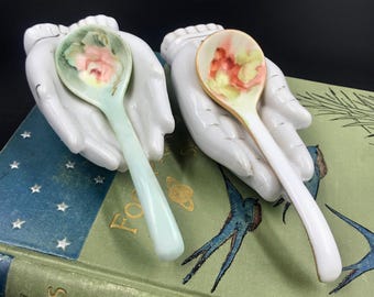 2 Vintage Hand-Painted Porcelain Demitasse Spoons 4.25" Long