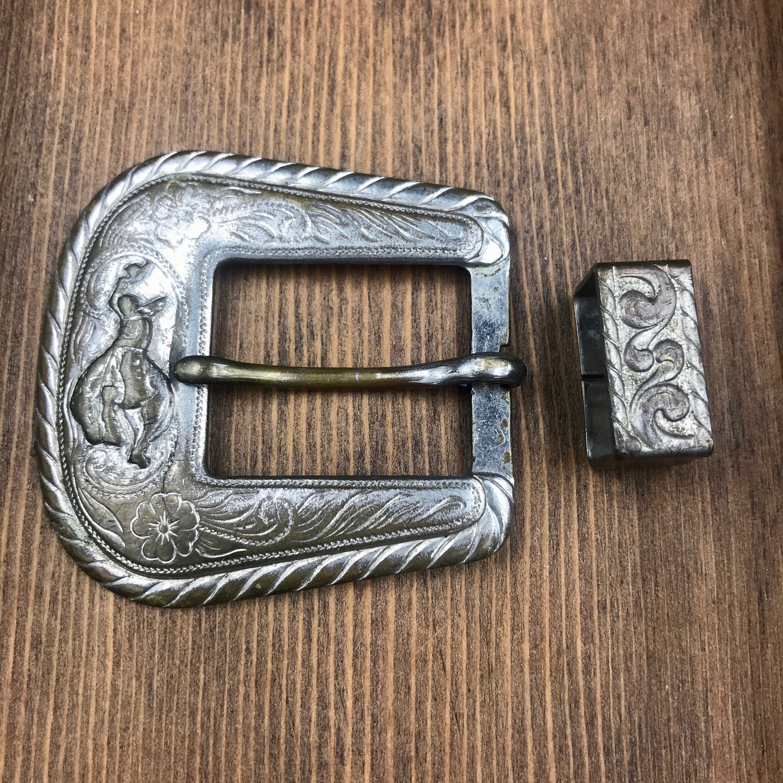Metal Belt Buckle Lot - Silver Tone and Solid Brass Stamped Vintage Western Vintage Silver Tone Western Belt Buckle Set: Cowboy  main image 2