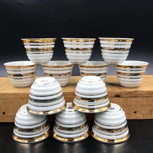Mid-Century Japanese Porcelain Saki Cup Set: Gold Trimmed Fine China