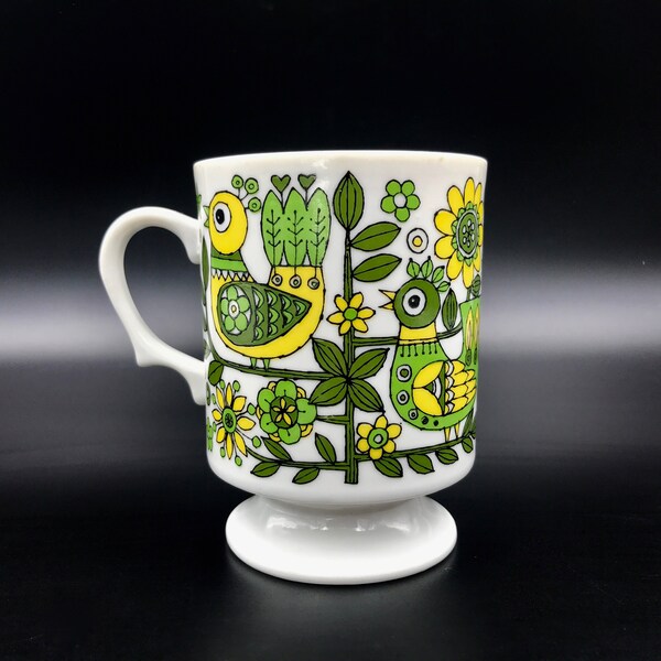 Vtg 1970s Japan Pedestal Floral Bird Tea Cup Coffee Mug, 1970s Mod Retro Pedestal Stacking Mug