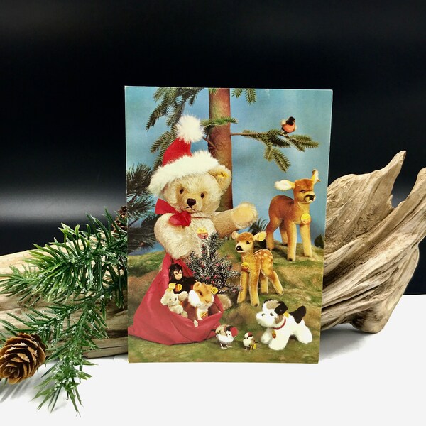 VTG Margarete Steiff Christmas Postcard Unused, Knopf Im Ohr Steiff Christmas Postcard, Vintage Christmas Postcard with Animals